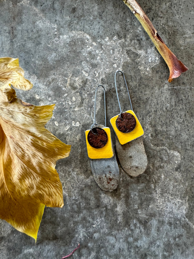Upcycled and Rusty Earrings with a painted splash of canola yellow
