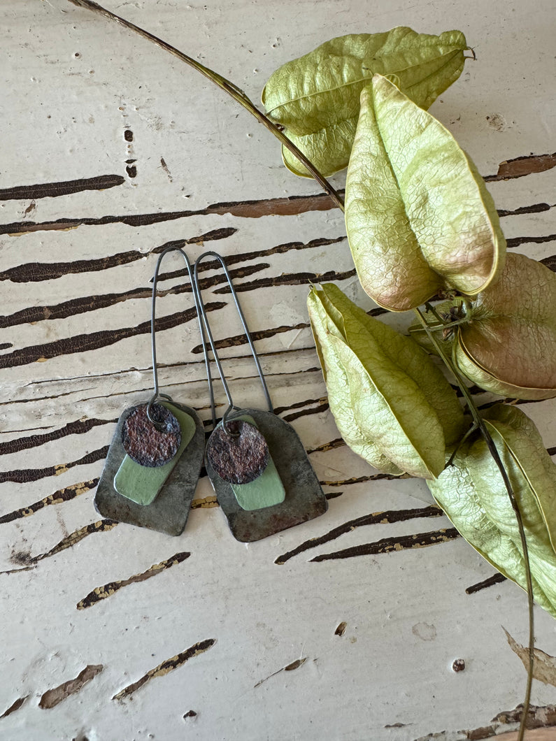 Upcycled and Rusty Earrings with a painted splash of seed pod green