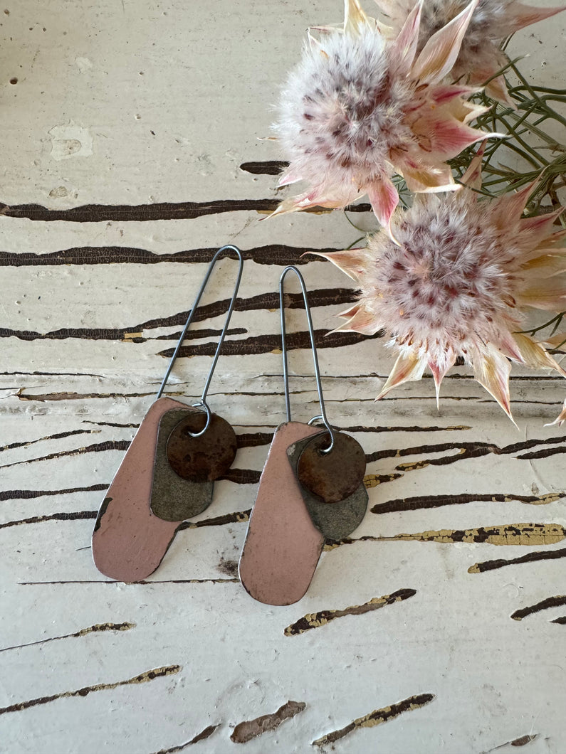 Upcycled and Rusty Earrings with a painted splash of soft pink