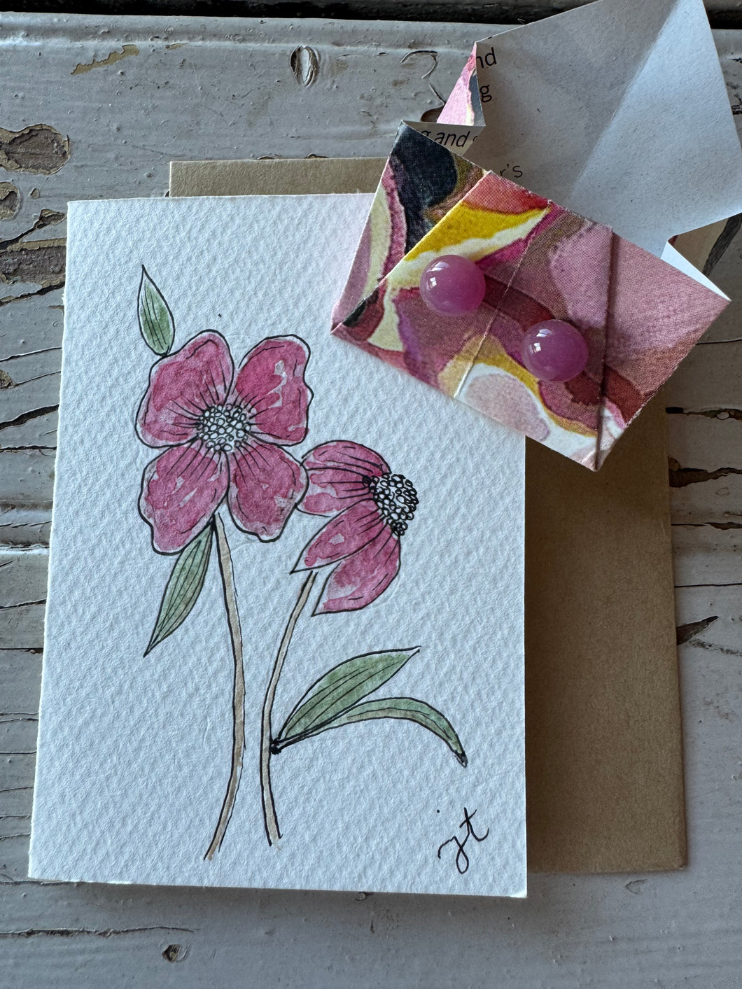 GGS Pink Italian Murano Glass stud Earrings ~ JT Hand painted watercolour card.